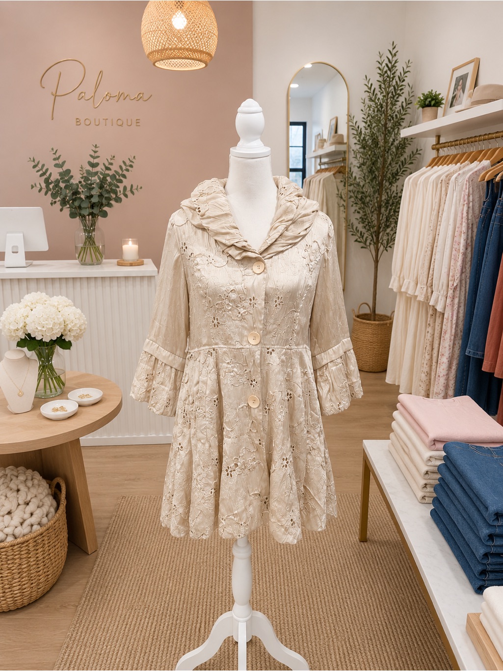 Damee Inc Champagne Embroidered Lace Coat Dress Jacket Nwt Large